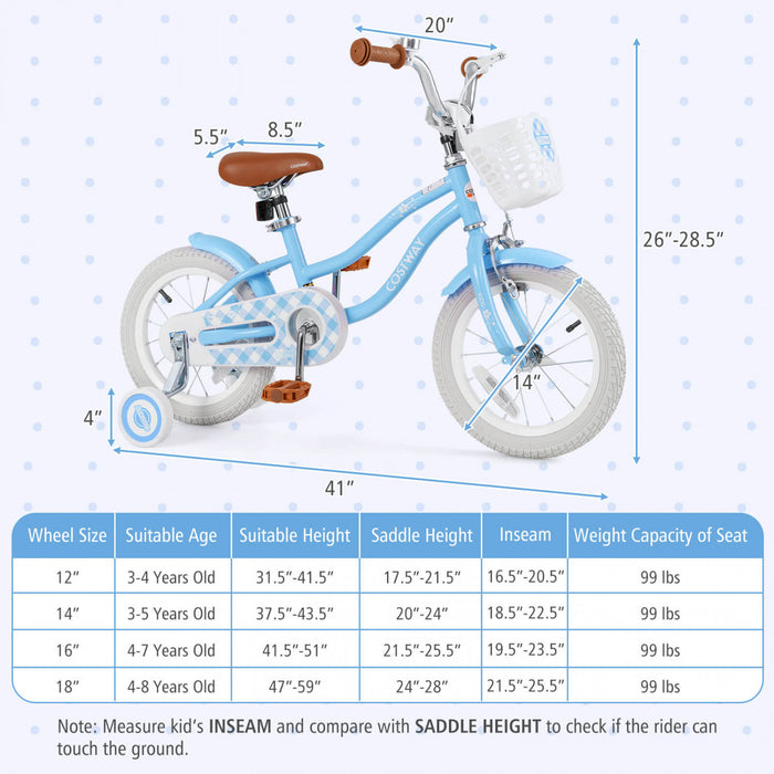 Velo Costway 14\" Pour Enfants Avec Roues D'entrainement Amovibles Et Panier Pour 3-5 Ans Bleu