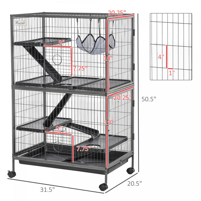 Cage Pour Hamsters Souris Petits Rongeurs Multifonction 4 Plateformes 3 Rampes 4 Portes Dim. 80l X 52l X 128h Cm Metal Gris Argente Noir