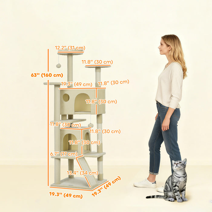 Arbre a Chat 160 cm avec Poteaux a Griffer, Niches, Blanc Creme