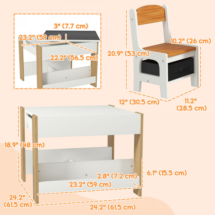 Qaba Ensemble Table Et Chaises 3 Pieces Pour Enfants, Ensemble Table Et Chaises 2 En 1 Avec Plateau Reversible, Tableau Noir, Rangement, Etageres, Pour Salle De Jeux, Creche, Salle De Classe, Gris