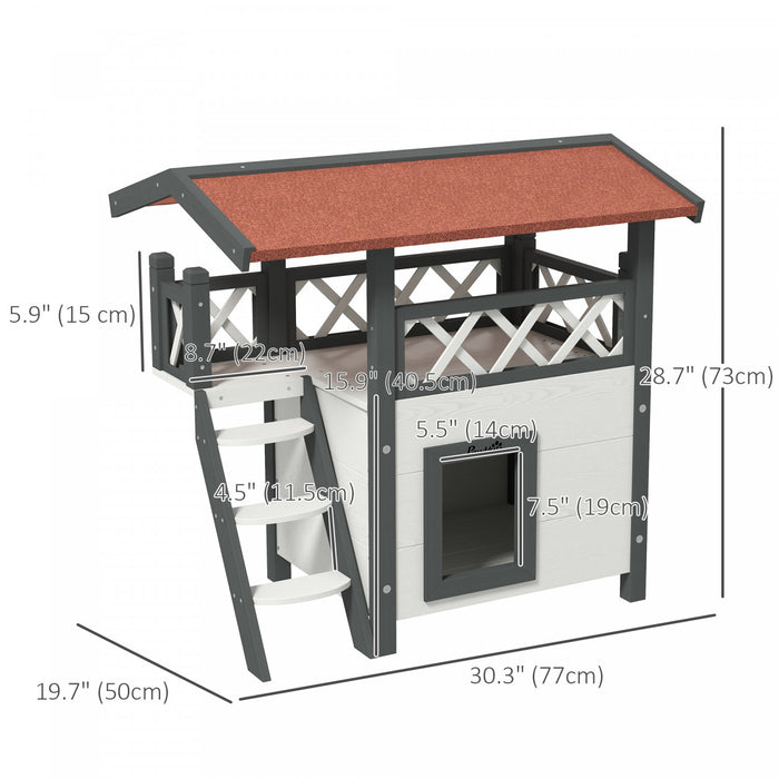 Pawhut Maison D'exterieur Pour Chat, Abri A 2 Etages Pour Chats Sauvages, Condo En Bois Pour Chaton Avec Toit En Asphalte, Escaliers, Balcon, 30\" X 20\" X 29\", Gris