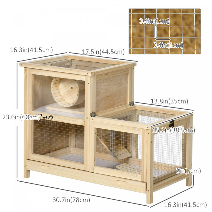 Pawhut Cage A Hamster En Bois, Huche Pour Souris Et Rongeurs, Maison D'exercice A 2 Niveaux, Avec Plateau Coulissant, Echelle, Scie, Roue De Course, Toits Ouvrables, 30.75\" X 16.25\" X 23.5\"