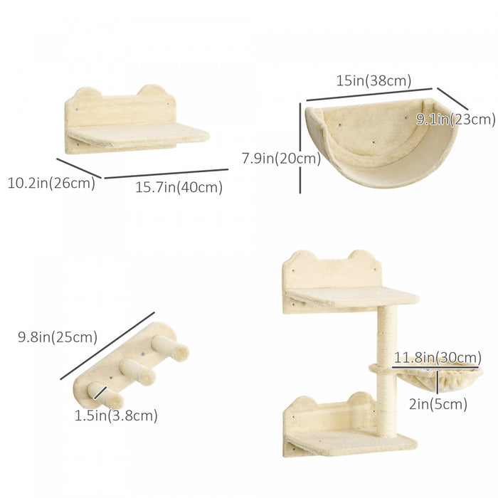 Pawhut Grimpeur Mural Pour Chat Avec Hamac, Griffoir, 3 Marches, Plateformes De Saut, Etagere Murale Pour Chat Pour Se Detendre, Dormir, Grimper, Mobilier Mural Pour Chat D'interieur - Beige
