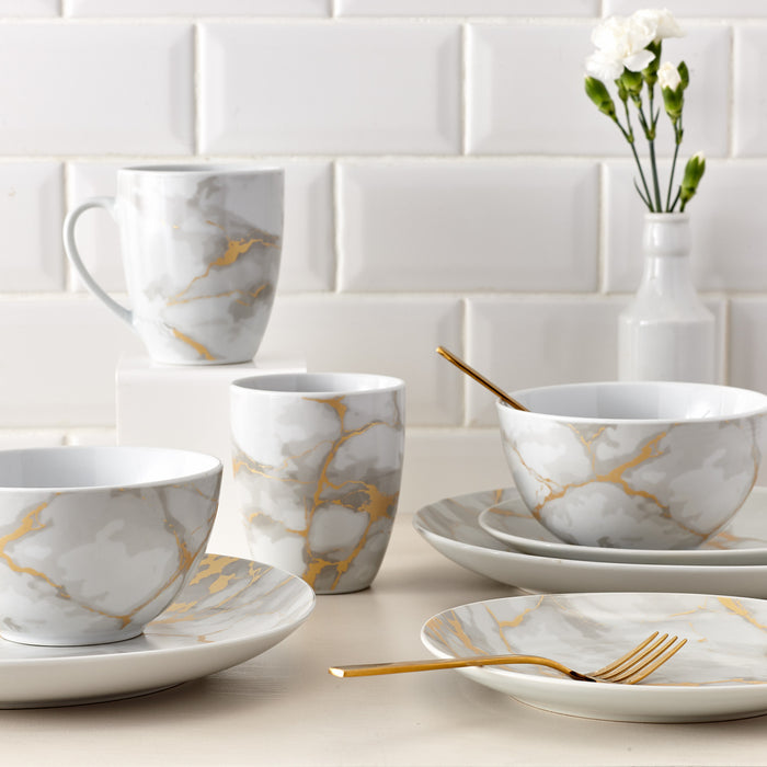 Ensemble de Vaisselle Complet 20 Pieces en Porcelaine Effet Marbre Gris et Or