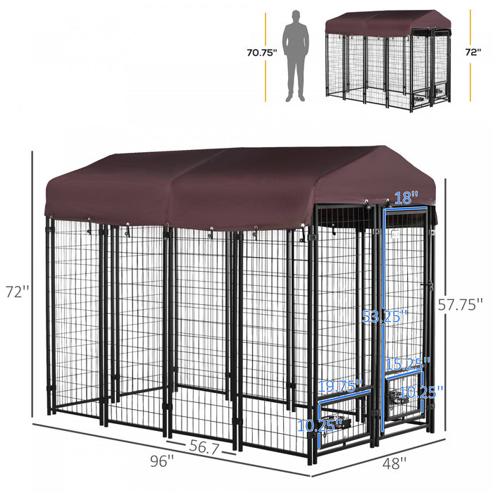 Pawhut Niche D'exterieur Pour Chien, Caisse Verrouillable Pour Parc Pour Animaux De Compagnie, Cloture En Acier Soude, Avec Auvent Resistant A L'eau Et Aux Uv, Supports De Bol Rotatifs, Porte