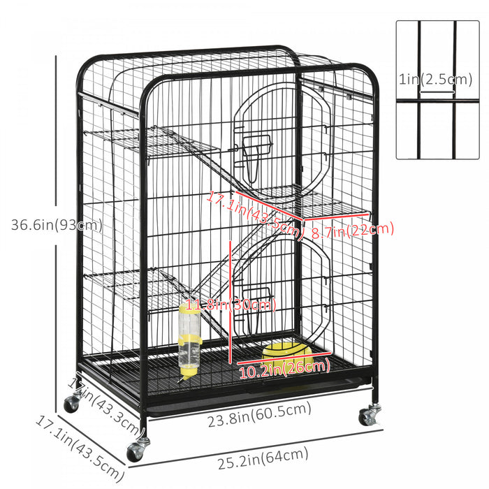 Pawhut Cage Pour Petits Animaux 37\" Lapin Furet Chinchilla Avec 2 Portes Plateforme Rampe Metal Noir