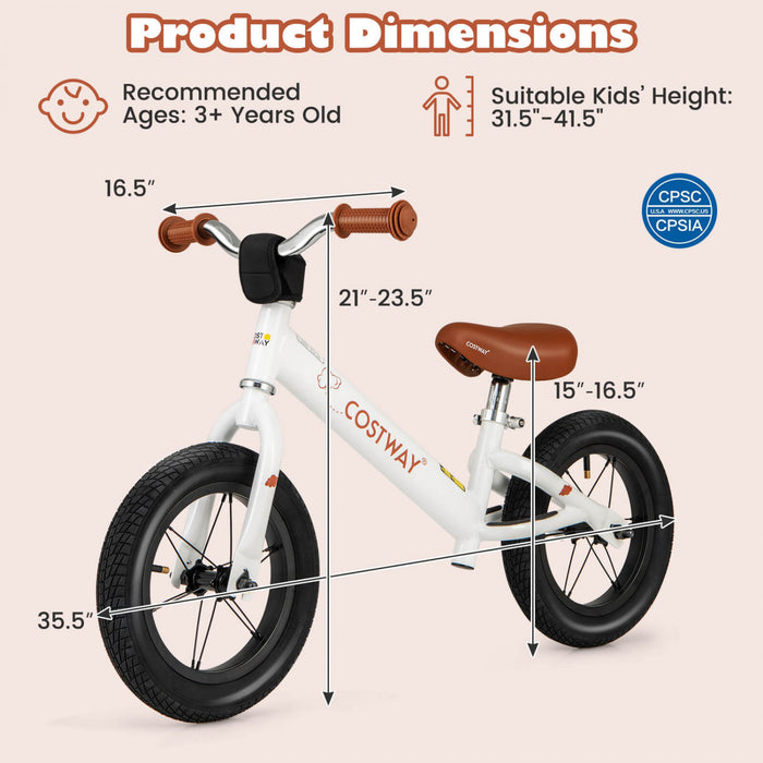 Bicycle D'equilibre Costway 12 Pouces Sans Pedale Bicycle D'entrainement Avec Pneus En Caoutchouc Gonflables Blancs