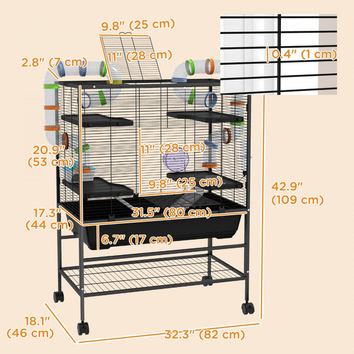 Pawhut Cage A Hamster 43\", Cage A Rats Roulants Pour Petits Animaux Avec Systeme De Tube Tunnel, Roue D'exercice, Plat De Nourriture, Bouteille D'eau, Rampe, Pour Hamsters Syriens