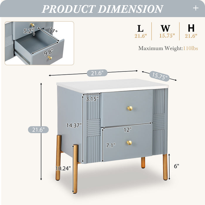 Lila Table de Nuit Moderne avec Tiroirs de Rangement et Poignees Metalliques, Bleu