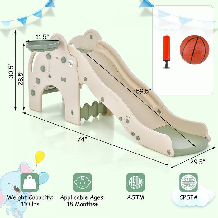 Costway 3-en-1 Toboggan Pour Tout-petit-enfant Avec La Zone Tampon De Basket-ball Cercle & Conception D'elephant De Boule