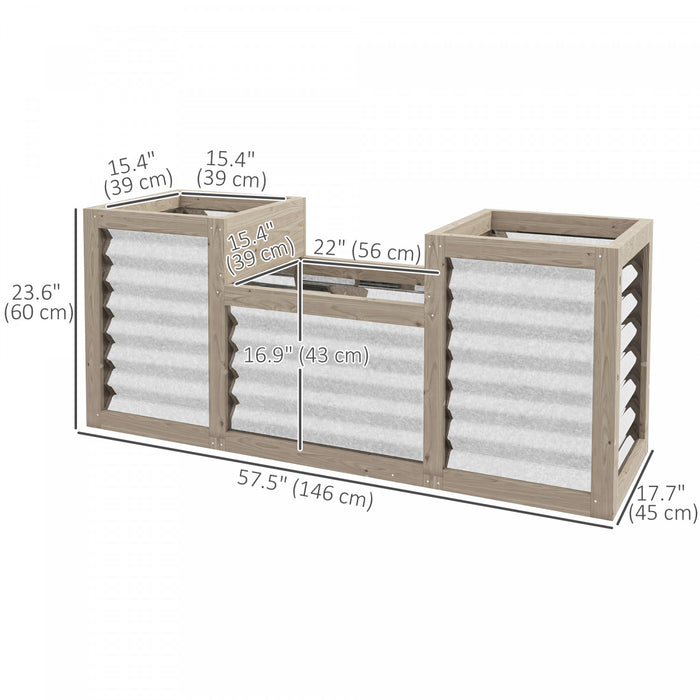 Outsunny Lit De Jardin Sureleve Avec 3 Jardinieres Pour Plantes D'exterieur, Metal Galvanise Renforce De Bois, Reservoirs De Stockage Pour La Culture De Fleurs, D'herbes Et De Legumes.