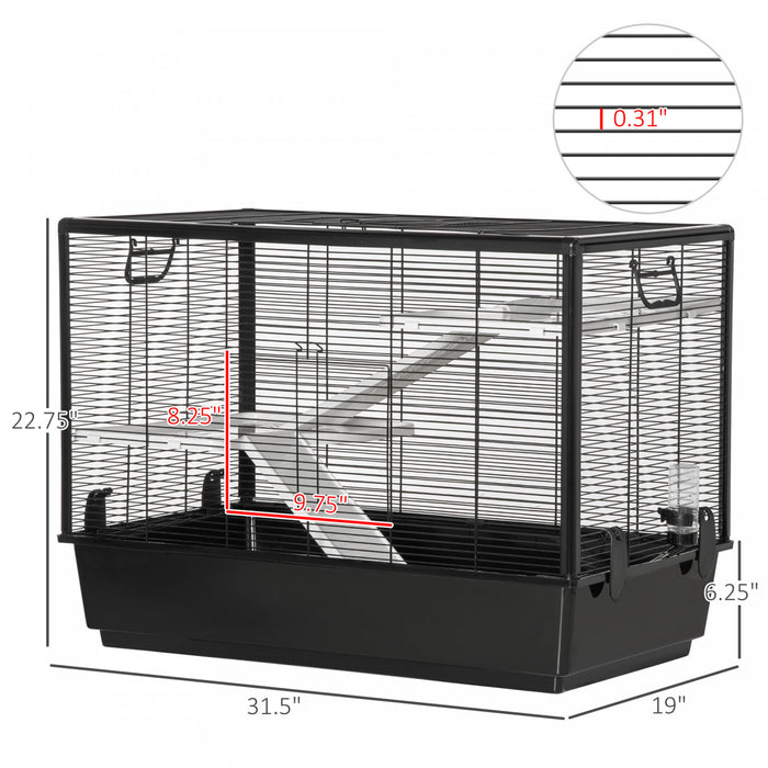 Pawhut Cage Petit Animal Habitat Interieur Cage Pour Cochons D'inde Hamsters Chinchillas, Avec Accessoires Bouteille D'eau Balcon Rampe Plat De Nourriture, 31.5\"x19\"x 22.75\", Noir