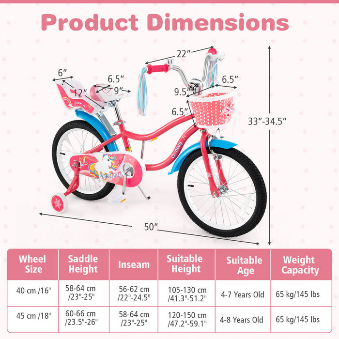 Costway 18\" Velo Pour Enfants De 4 A 8 Ans Avec Siege De Poupee Panier Et Streamers Colores Kickstand Rose