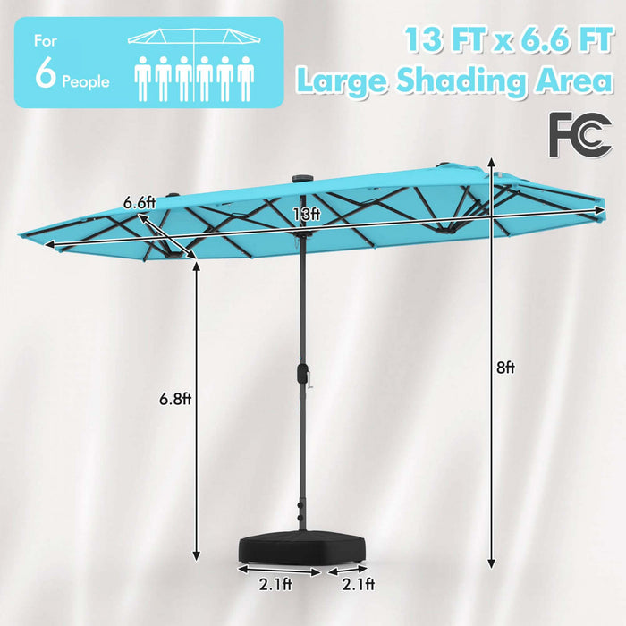 Parasol double face Costway 13 pieds avec lumiere solaire, manivelle et base de parasol turquoise