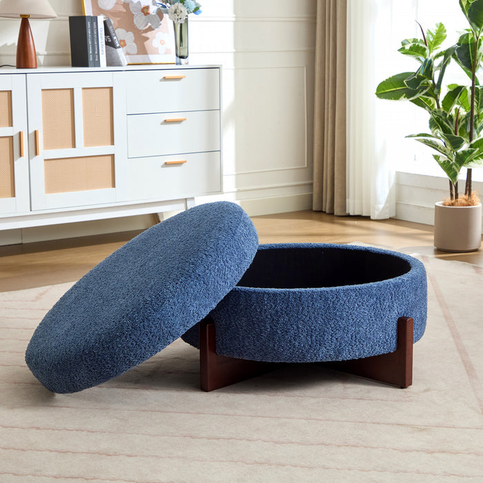 Table Basse Ottoman Ronde Sophia avec Rembourrage Capitonne et Rangement - Bleu