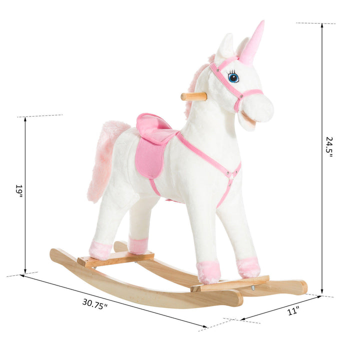 Qaba Cheval A Bascule Peluche Licorne Avec Sons Realistes, Blanc Et Rose