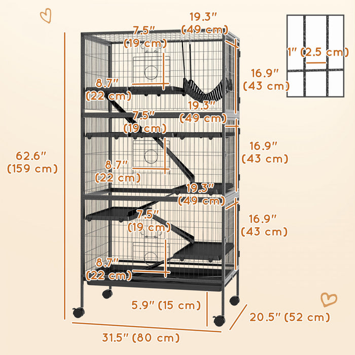 Pawhut Cage Roulante A 6 Niveaux Pour Petits Animaux, Cage Pour Cochon D'inde, Furet, Chinchilla, Chaton, Lapin, Petite Maison De Jeu Pour Animaux De Compagnie Avec Hamac, Plateau Amovible, Gris Fonce