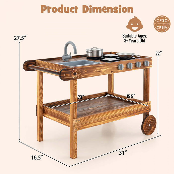 Les Enfants En Bois Boue Jouer Chariot De Cuisine Avec Evier, 4 Poeles Et Etagere De Stockage Naturel