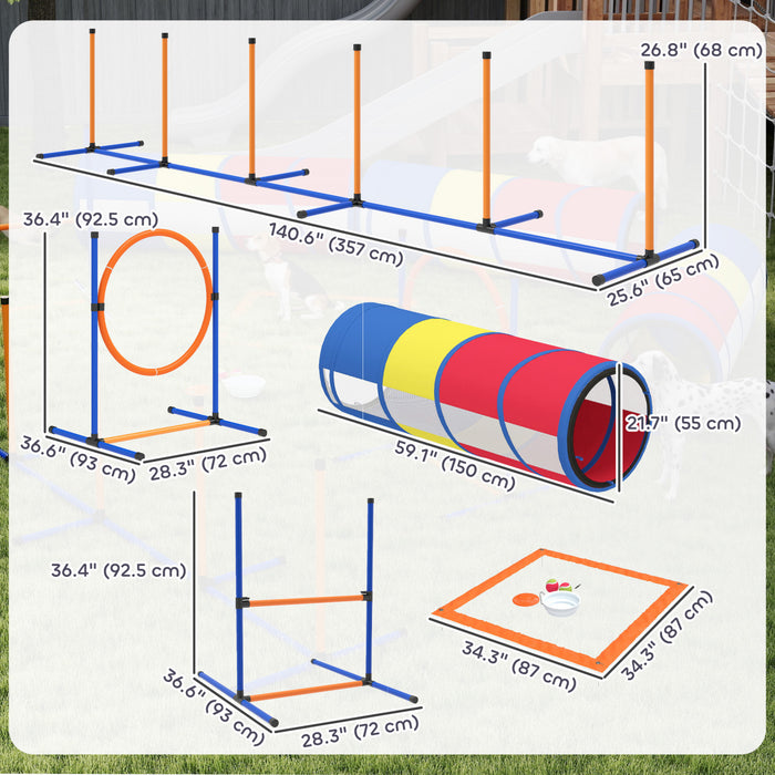 PawHut Equipement d'Agilite pour Chiens, Parcours d'Obstacles de 11 Pieces avec Haie et Cerceau Reglables, 3 Tunnels, Piquets de Slalom, Sac a Friandises, Bol et Sac de Transport