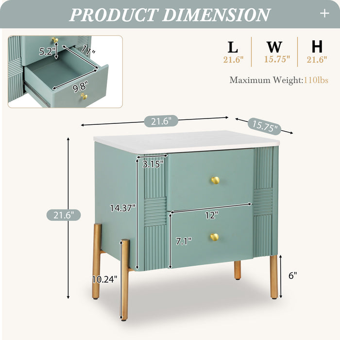 Lila Table de Nuit Moderne avec Tiroirs de Rangement et Poignees Metalliques, Vert