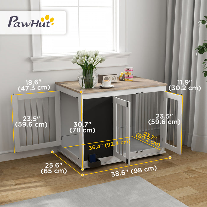 Pawhut Meuble De Cage Pour Chien De 39\", Table D'appoint Pour Grands Chiens, Cage Pour Chien Avec Trois Portes, Tableau Noir, Coussinets Antiderapants, Blanc