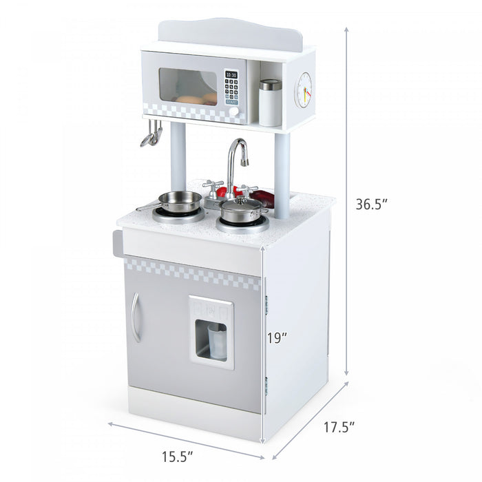Jeu De Cuisine Pour Enfants Double-face, Ensemble De Jeu De Role 2-en-1 Avec Accessoires, Cuisiniere Et Evier, Distributeur De Glace, Jeu De Cuisine En Bois Pour Role-play, Pour Garcons Et Filles De 3 Ans Et Plus, Blanc
