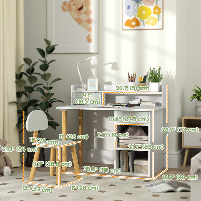 Qaba Ensemble Bureau Et Chaise Pour Enfants Avec Rangement Et Etageres Vert