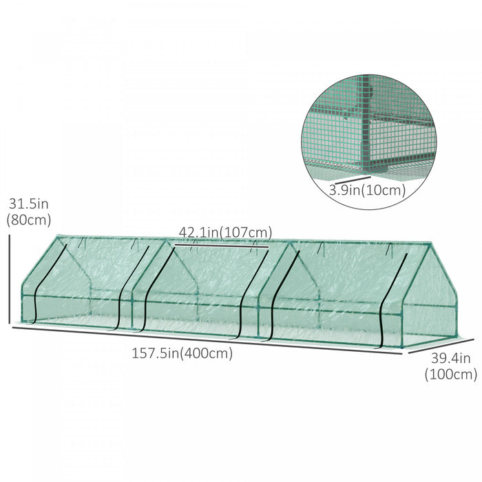 Outsunny 158\" X 39\" X 32\" Serre A Plantes Portable Tunnel De Fleurs De Graines De Jardin En Pleine Croissance Tente A 3 Grandes Portes Coulissantes A Glissiere Pour Jardiniere De Jardinage, Vert