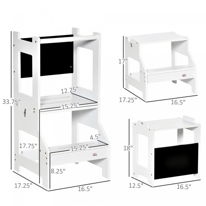 Homcom 2 En 1 Tabouret De Cuisine Pour Enfants, Ensemble Table Et Chaise Detachable, Tabouret Pour Enfants Avec Rail De Securite Et Tableau Noir