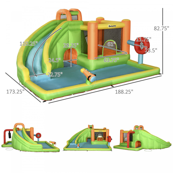 Outsunny Chateau Gonflable Pour Enfants 7 En 1 Comprenant Un Toboggan, Un Trampoline, Une Piscine, Un Pistolet A Eau, Une Cible De Balle, Un Poteau De Boxe, Un Tunnel Avec Sac De Transport