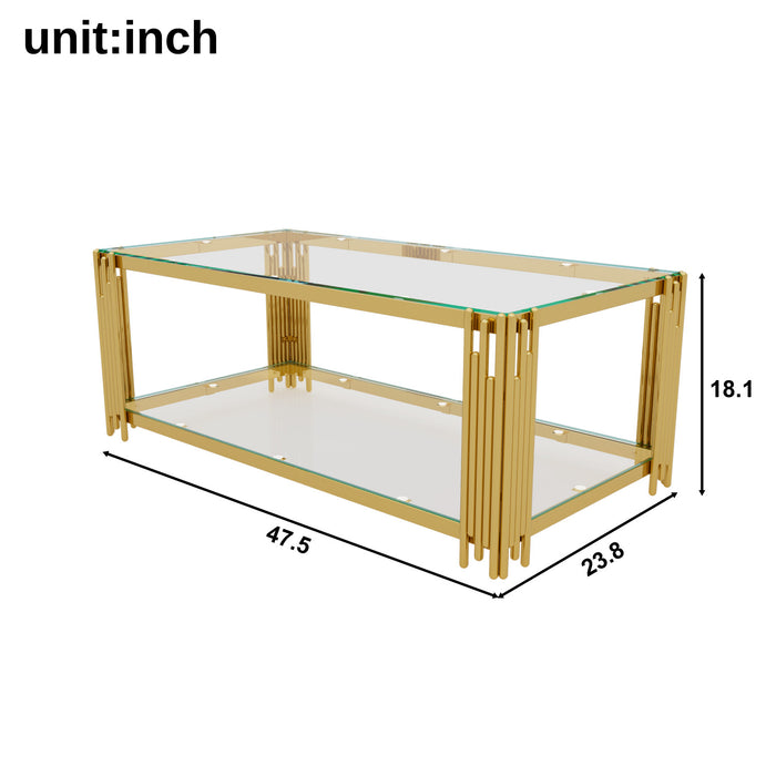 Aria Table Basse Rectangulaire Moderne 47.5 po avec Cadre Asymetrique Dore et Plateau Verre, Transparent