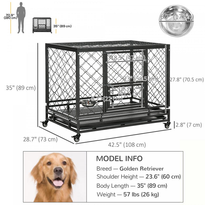 Pawhut Cage Pour Chien Robuste En Metal Avec Roulettes, Dessus Ouvrant, Plateau Amovible, Bol En Acier Inoxydable, Pour Chiens De Petite, Moyenne, Grande Et Xl, 42,5\" X 29\" X 35\"