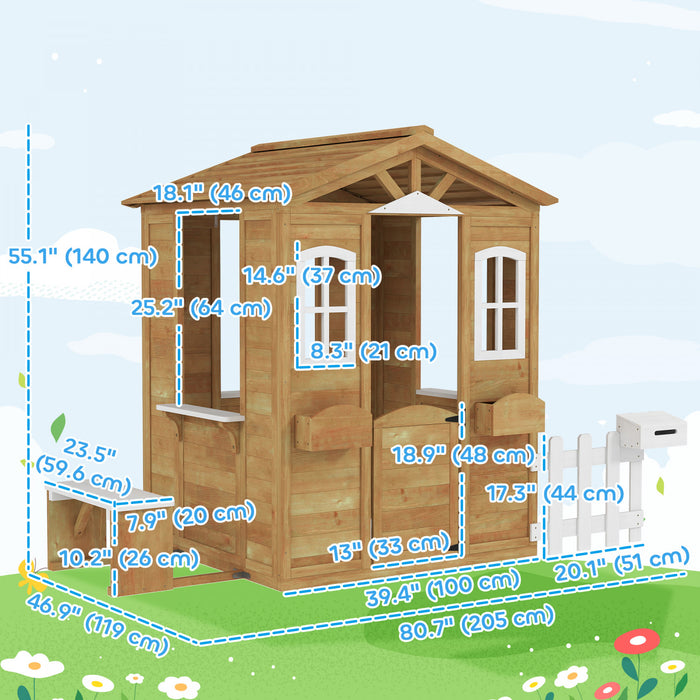 Outsunny Maisonnette de jeu pour enfants, exterieur, avec portes, fenetres, boite aux lettres, support pour pot de fleurs, banc de service, jaune