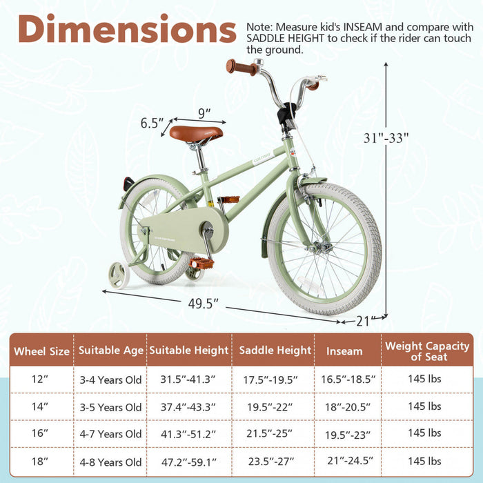 Costway 18\" Velo Pour Enfants Avec Guidon Reglable De Selle Roues D'entrainement Amovibles Frein A Main Vert