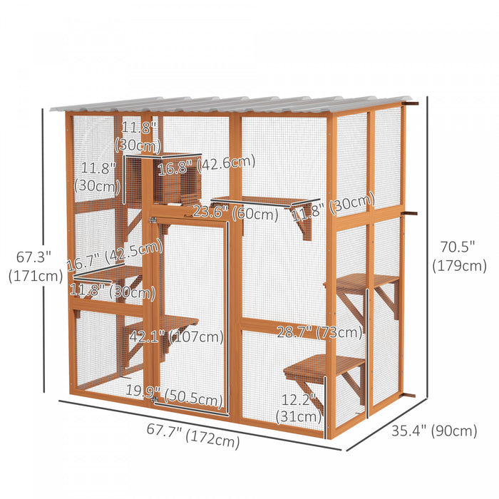 Pawhut Catio Enclos D'exterieur Pour Chat En Bois Avec Toit Resistant Aux Intemperies, Pont, Boite De Repos, Plates-formes Pour 2 Chatons, Orange