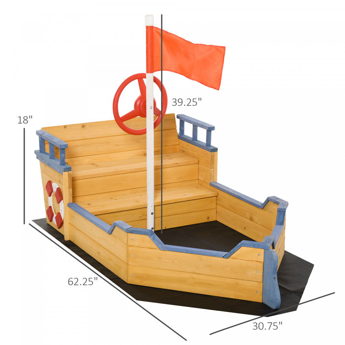 Bac A Sable En Bois Pour Enfants Bateau Pirate Enfants Jardin Exterieur Station De Jeu Avec Banquette Espace De Rangement Drapeau Doublure Inferieure Sable/bal Bois De Sapin
