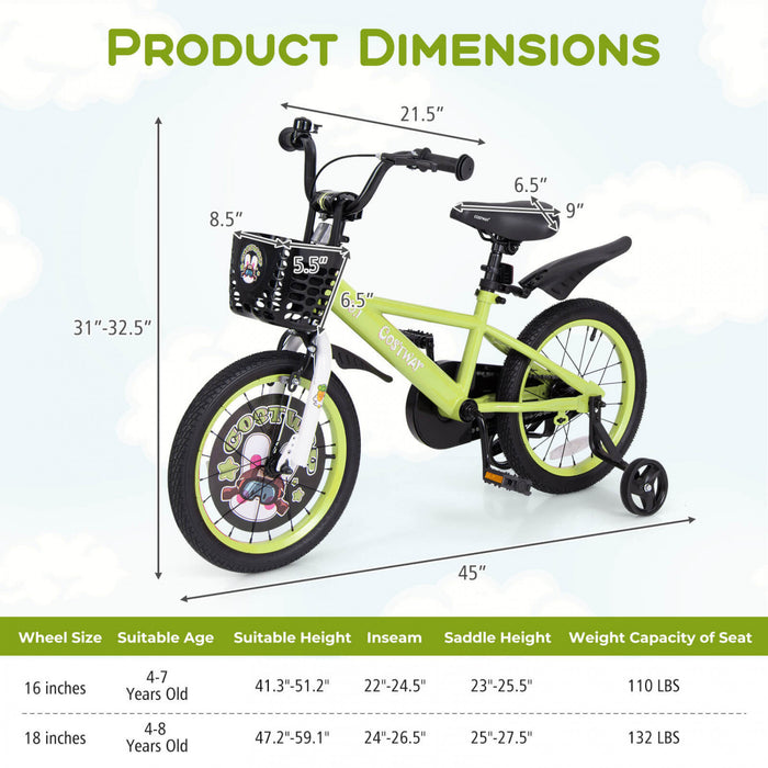 Costway 16\" Velo Pour Enfants Pour 4-7 Avec Guidon Reglable En Hauteur Et Frein A Main En Selle Vert