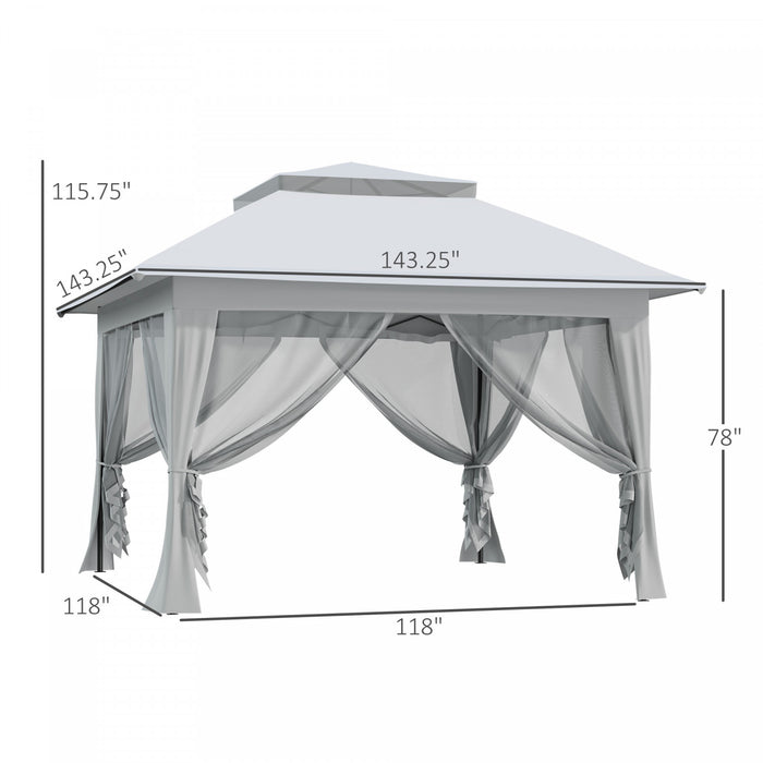 Outsunny 12' X 12' Tonnelle Barnum De Jardin Pop-up Pliant Acier Polyester Moustiquaires + Sac De Transport A Roulettes Gris Clair