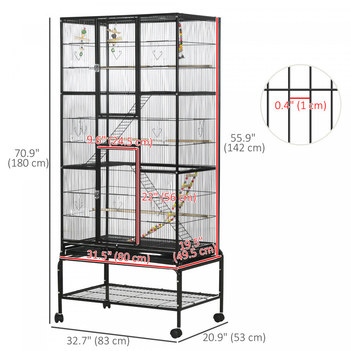 Cage A Oiseaux 71\" Avec Roues, Perchoirs, Rampe, Etagere