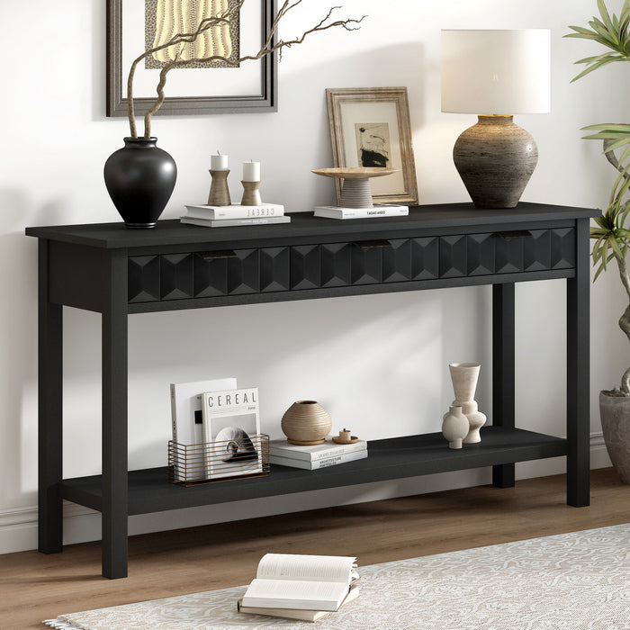 Table d'entree Oliver 60'' en placage de sapin avec design en nid d'abeille et tiroirs, noire