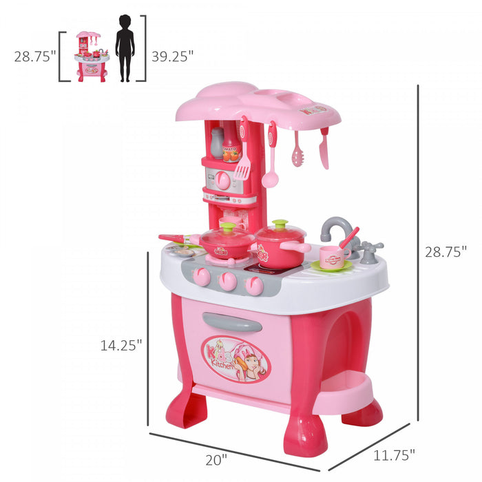 Qaba Kids Kitchen Play Set Pretend Toy Enfants Jeu De Role Avec Fonction Son Et Lumiere 38pcs Accessoires Pour Jouets - Rose
