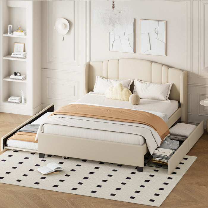 Lit plateforme Jean rembourre avec tete de lit a oreilles et tiroirs de rangement, taille queen, beige