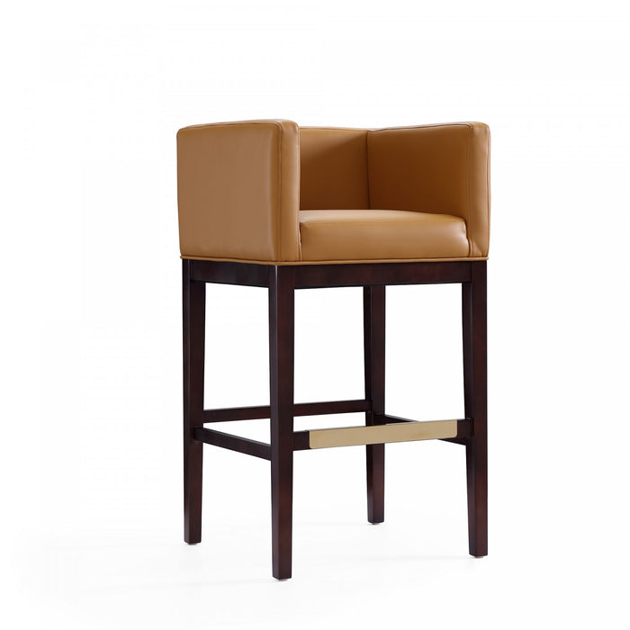 Tabouret de bar Kingsley style moderne du milieu du siecle en bois et tissu couleur camel - Lot de 3