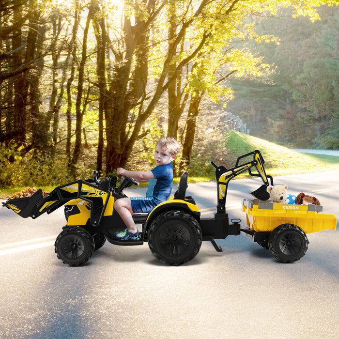 3-en-1 Enfants Montent Sur Bulldozer D'excavateur 12v Tracteur Electrique A Distance W / Remorque Jaune