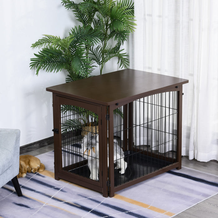 Pawhut Cage Decorative En Bois Pour Chien, Cage Pour Animaux De Compagnie, Table D'appoint Pour Petite Maison D'animaux Avec Plateau, Porte Verrouillable, Marron