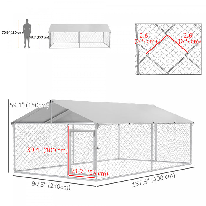 Pawhut Niche D'exterieur Pour Chien Avec Housse Impermeable Et Resistante Aux Uv Pour Chiens De Taille Moyenne Et Grande, 13,1' X 7,5' X 4,9', Argent