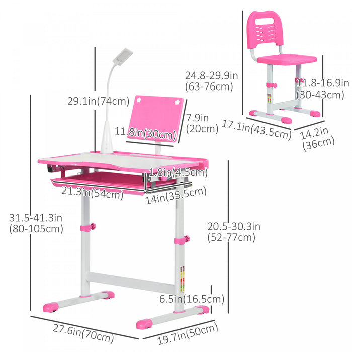 Qaba Bureau Enfant Avec Chaise Ensemble Bureau Et Chaise Reglable Avec Lampe, Support De Lecture, Porte-gobelet, Tiroir Coulissant Multi-rangements Rose Blanc