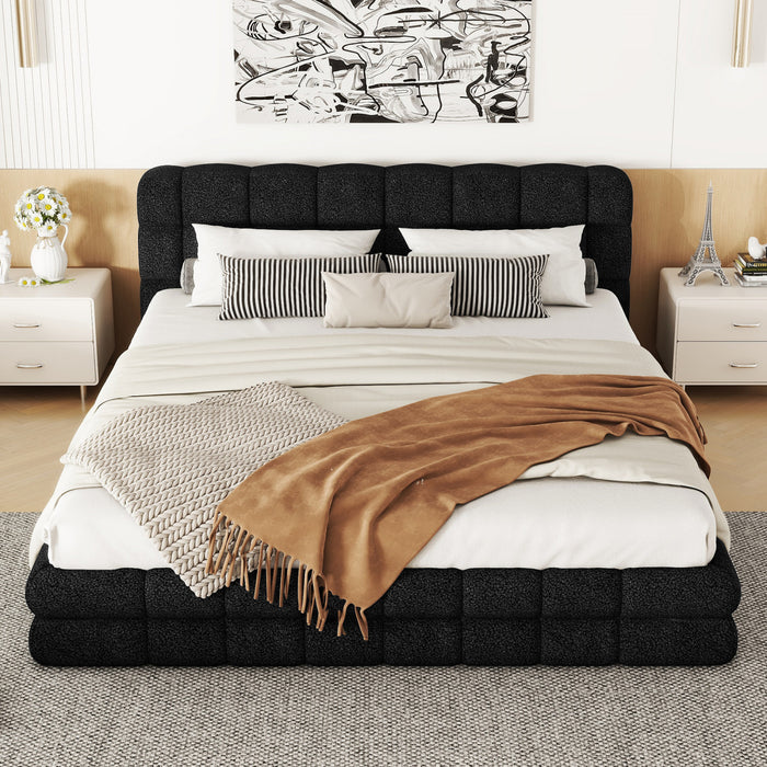 Lit plateforme moderne Emma rembourre avec structure en bois massif confortable, taille queen, noir