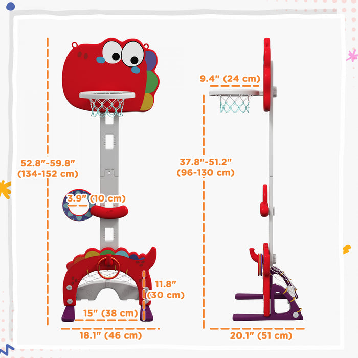 Panier de basketball Qaba 5 en 1 pour tout-petits, hauteur reglable de 1,34 a 1,52 m, avec jeux de soccer, de golf et de lancer d'anneaux. Cadeau d'anniversaire ideal pour les enfants de 3 a 6 ans (garcons et filles). Utilisation interieure. Couleur : rouge.