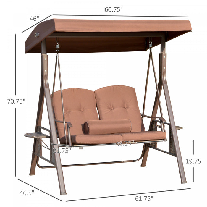 Outsunny Balancelle De Jardin Balancoire De Terrasse Pour 2 Personnes Avec Pare-soleil Reglable, Coussins Moelleux, Coussin Et Plateau Pour Patio, Bord De Piscine, Cour, Marron